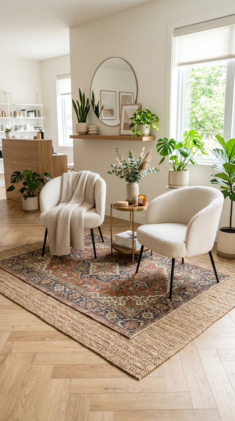 22 Stunning Beauty Salon Interior Design Ideas on a Budget 23 022 Layered Rug Styling A salon waiting area with a ju