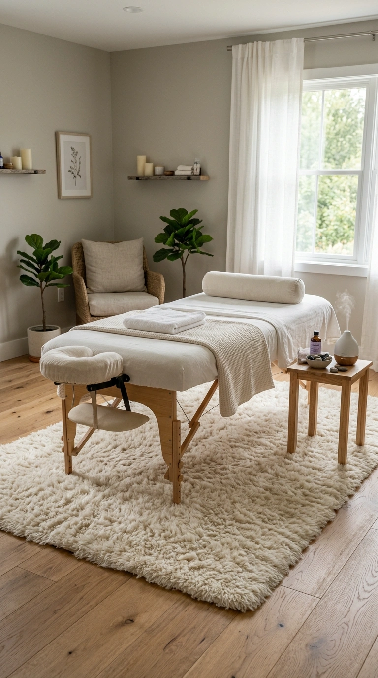 24 Dreamy Massage Room Ideas for Your Own Home Spa 23 022 Soft Area Rug A plush cream shag area rug beneath
