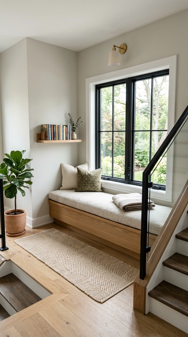 23 Simple Reading Nook Ideas You Can Set Up Today 23 022 Stair Landing Seat A wide stair landing with a bui