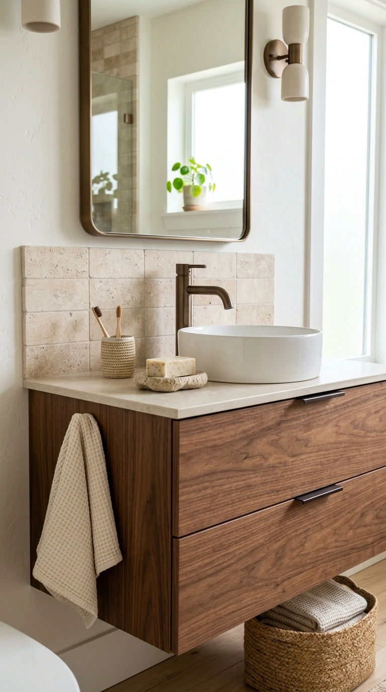 24 Bathroom Backsplash Ideas For Every Budget And Style 23 022 Travertine Tile Splash A walnut vanity with honed