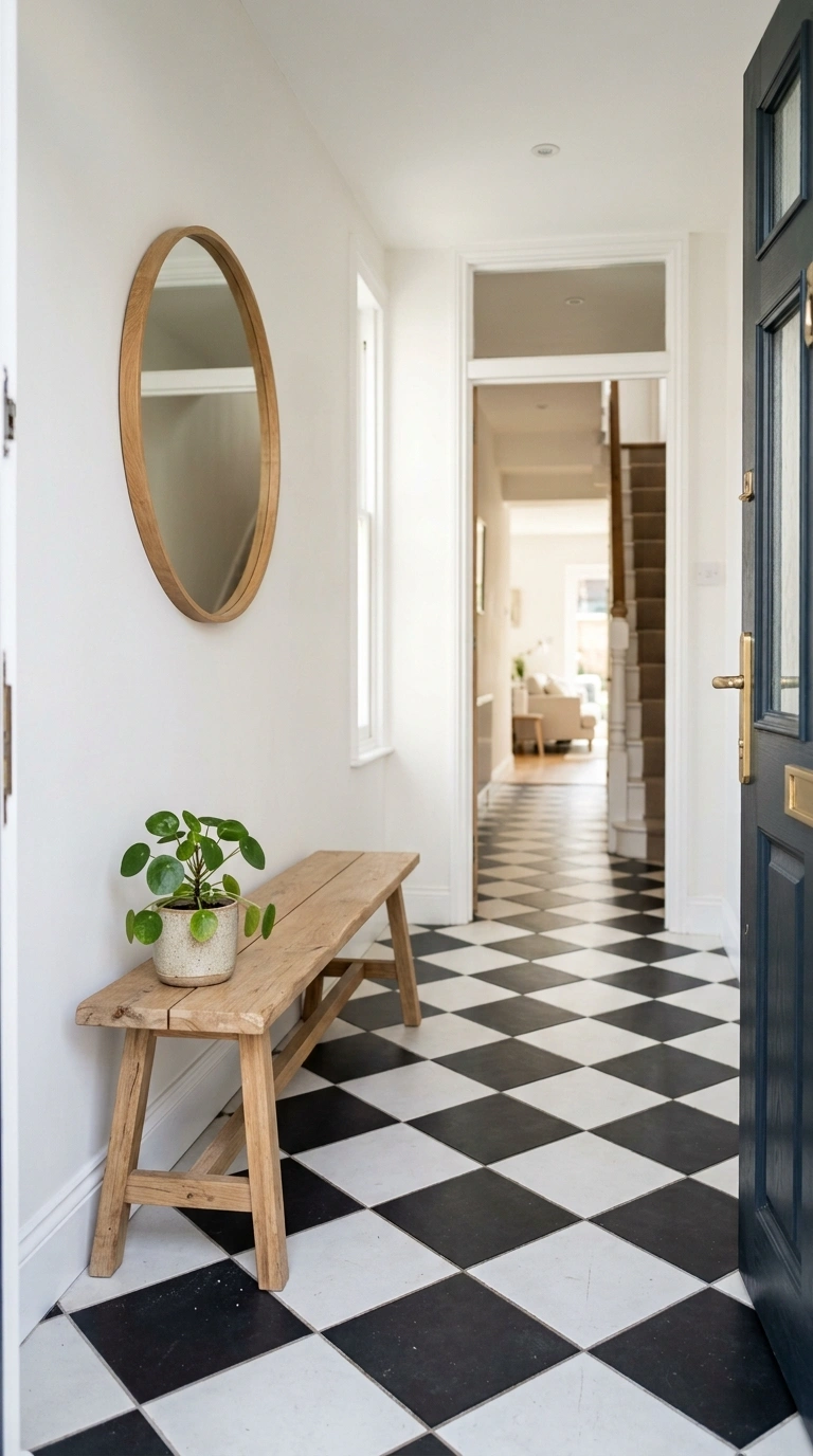 23+ Stunning Entryway Decor Ideas To Try Now 24 023 Checkered Tile Floor An entryway with a black and