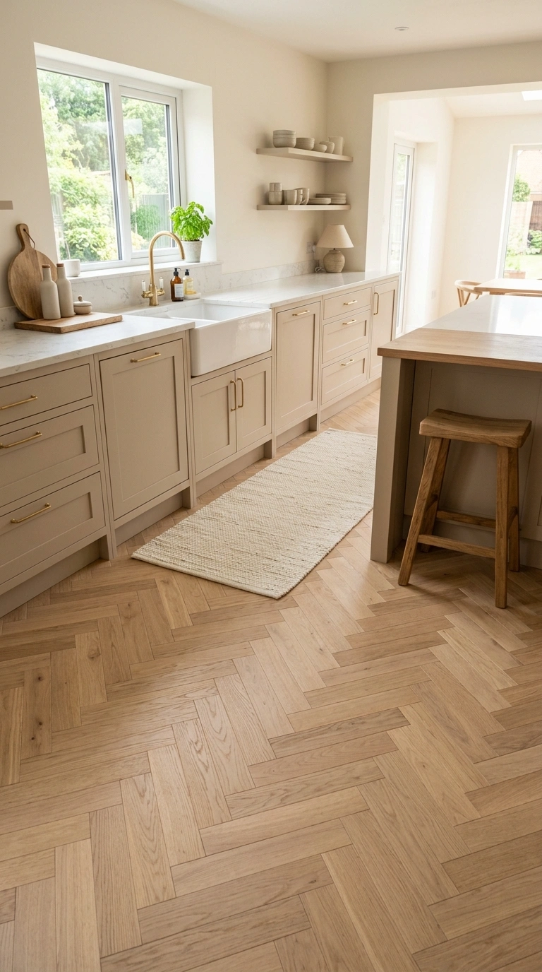023 Herringbone Wood Floor A cashmere kitchen with a l