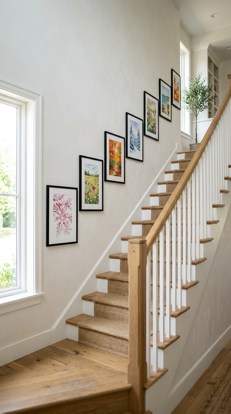 023 Seasonal Swap Frames A staircase wall featuring a