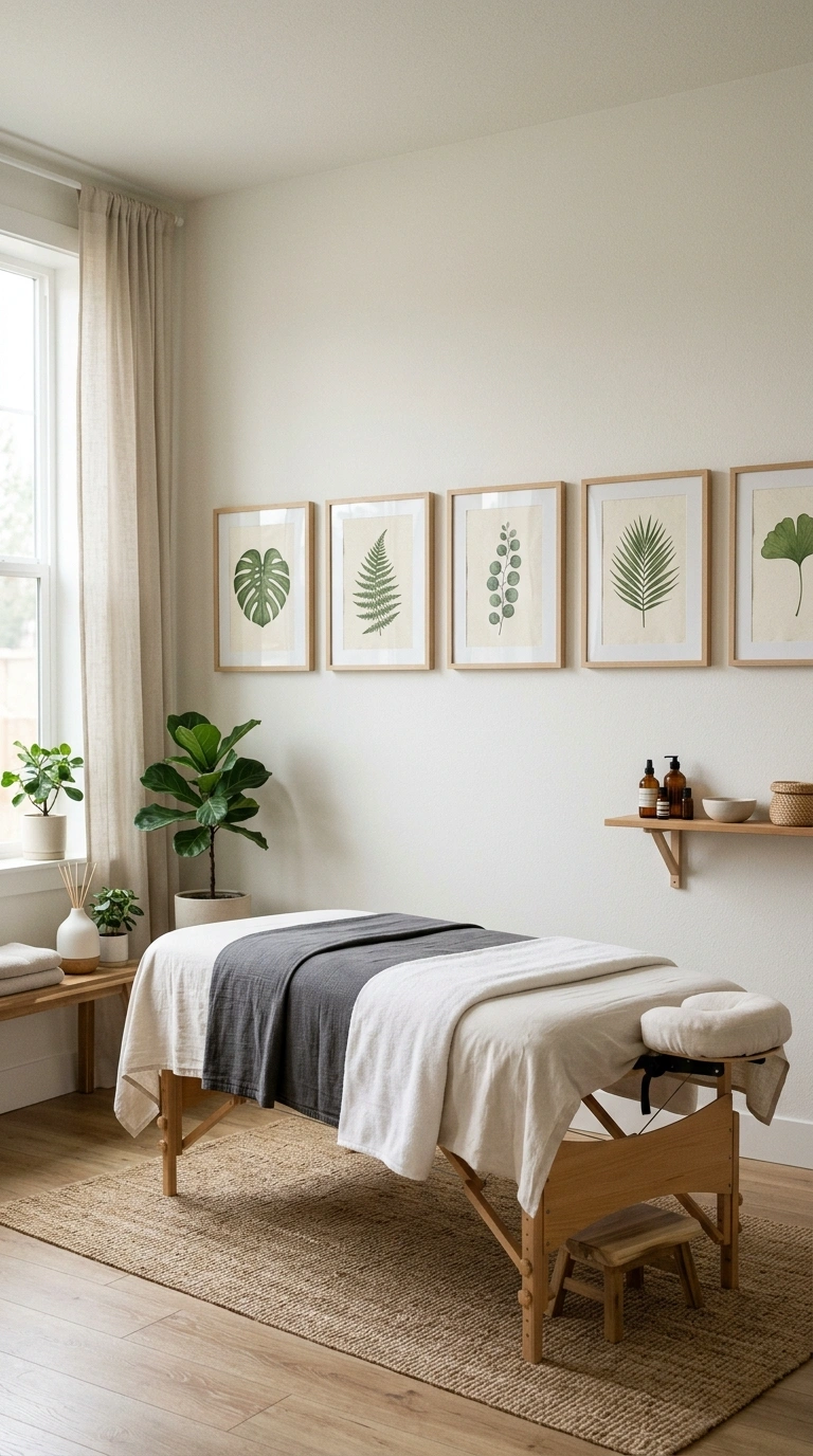 24 Dreamy Massage Room Ideas for Your Own Home Spa 25 024 Botanical Wall Art A row of framed botanical leaf
