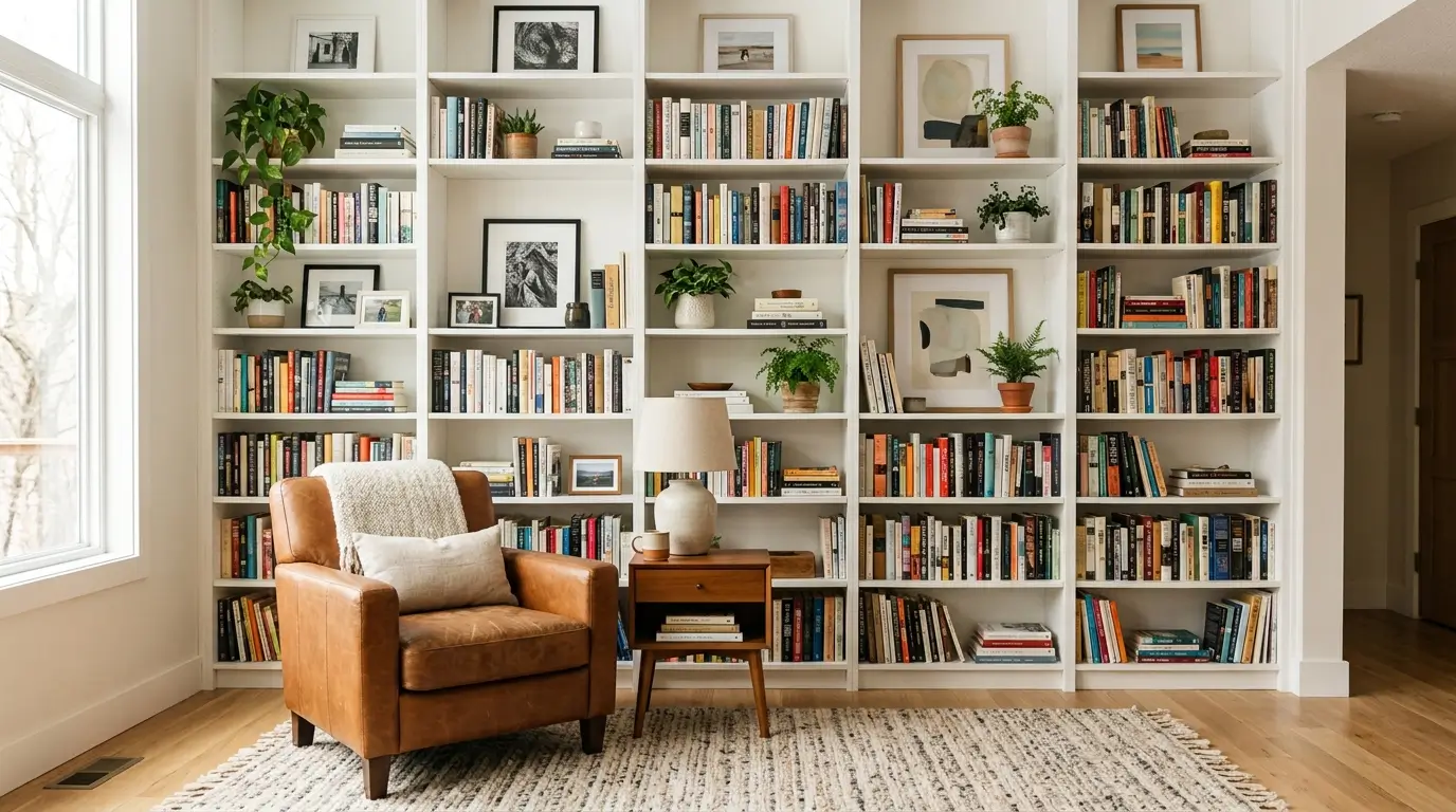 21 Small Home Library Ideas for Book Lovers 1 Armchair beside bookshelf in liv… 20260922000351 1