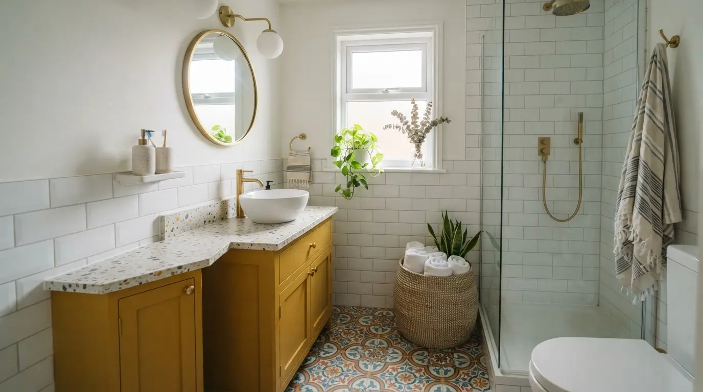 Bright bathroom with yellow vanity 202609031741