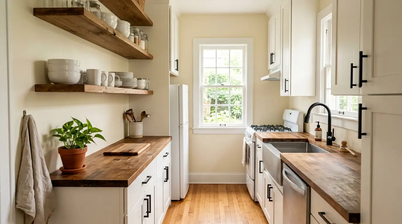 Galley kitchen with white cabinets 20260925224439 1