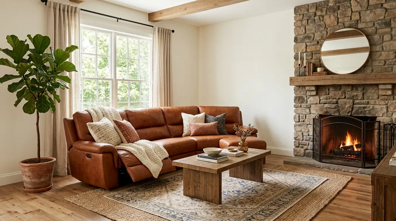 Living room with leather sofa 202609031821