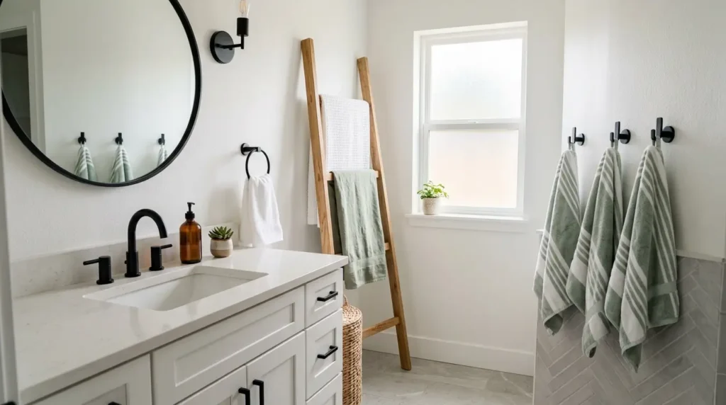 Modern bathroom with towel storage 202609061756