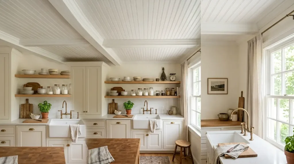 White beadboard kitchen ceiling 202609091624 1
