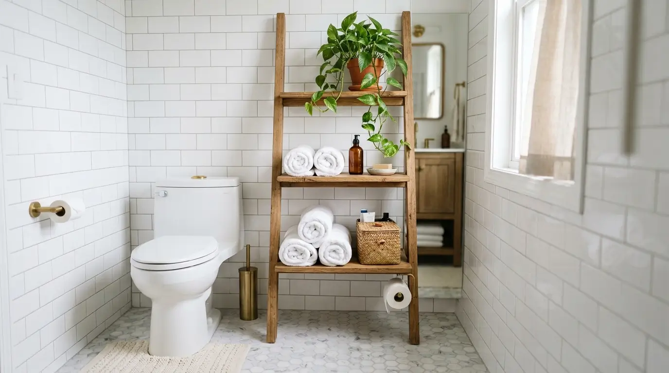 White toilet and wooden shelf 202609051852