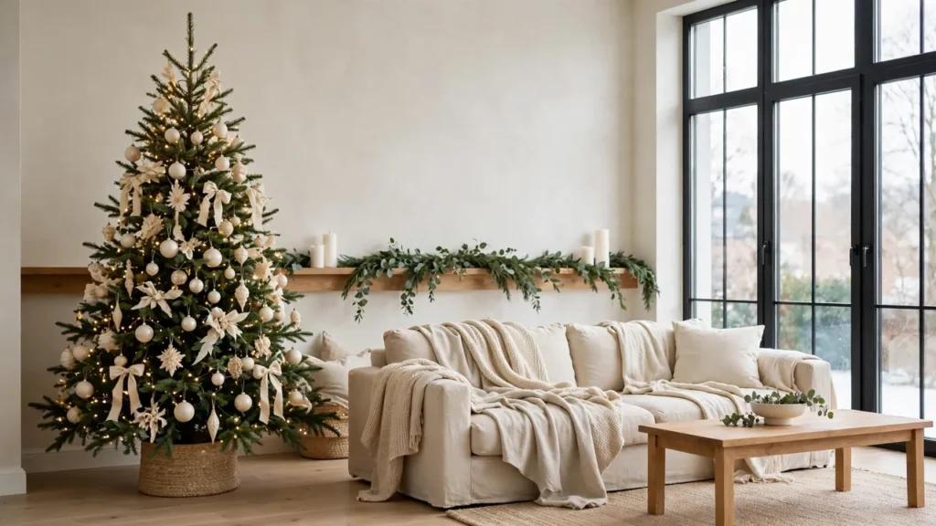 Calm minimalist living room with a cream and ivory Christmas tree, beige throw blankets, and warm white candlelight