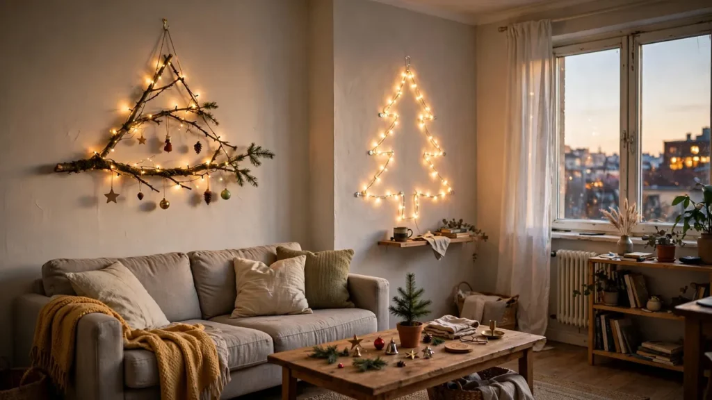 Cozy small apartment living room at Christmas with creative tree alternatives including a wall branch tree, string light tree, and tabletop pine