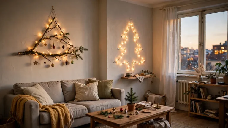 18 Creative Christmas Tree Alternatives for Small Apartments and Renters 23 Cozy small apartment living room at Christmas with creative tree alternatives including a wall branch tree, string light tree, and tabletop pine