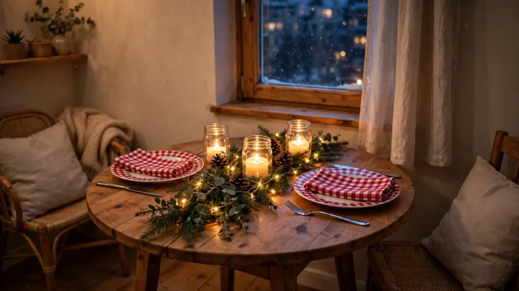 Beautiful Christmas table setting in a small cozy dining space with greenery, candles, and festive place settings