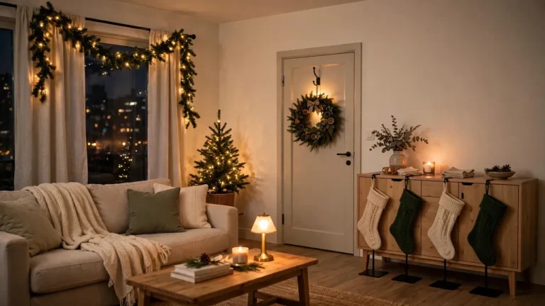 22 Christmas Decorating Ideas for Renters That Leave No Marks 4 Cozy rental living room decorated for Christmas with damage-free hooks, garlands, and glowing lights
