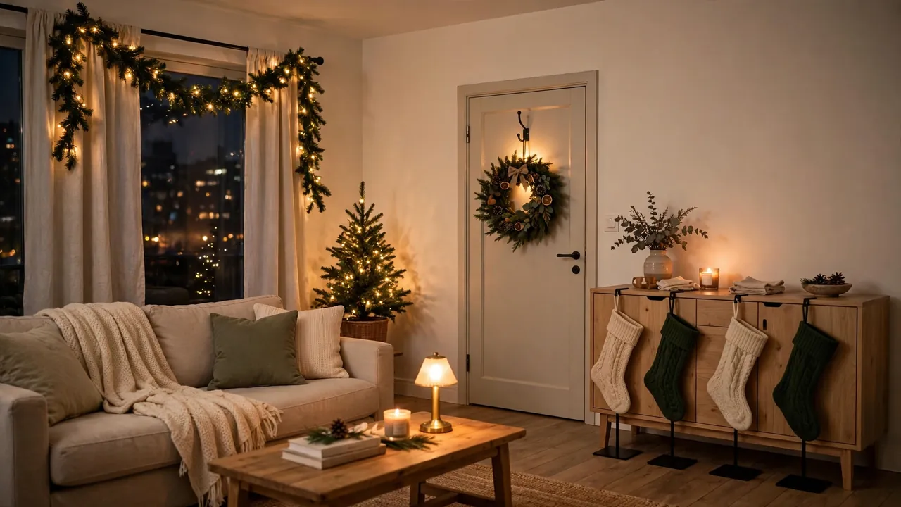 Cozy rental living room decorated for Christmas with damage-free hooks, garlands, and glowing lights
