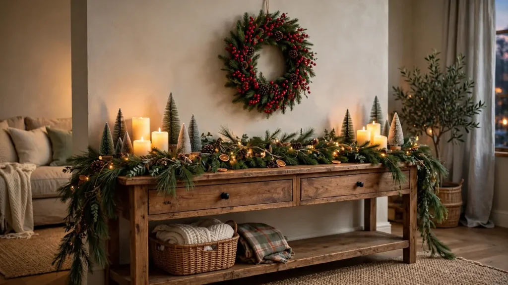 A long entryway console table styled like a Christmas mantel with draped pine garland, glowing candles, and a wreath hanging above