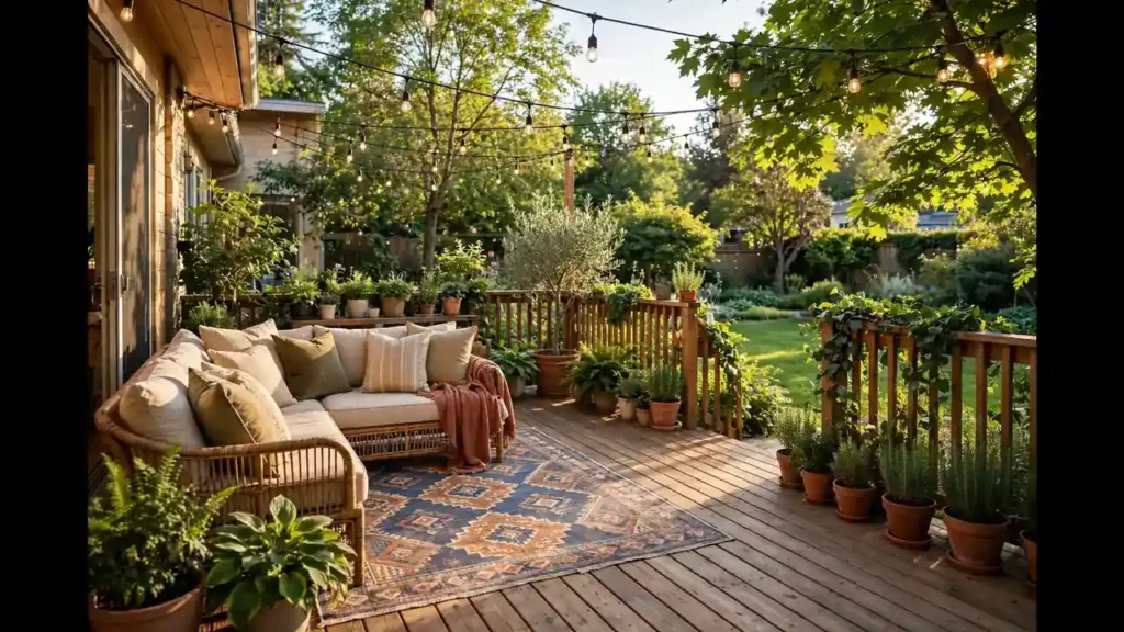 Wide inviting wooden backyard deck with string lights, outdoor rug, and lush container plants in natural daylight.