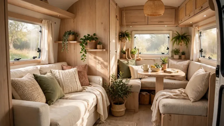A bright, stylish caravan interior with a cosy lounge, light wood accents, and soft natural daylight.