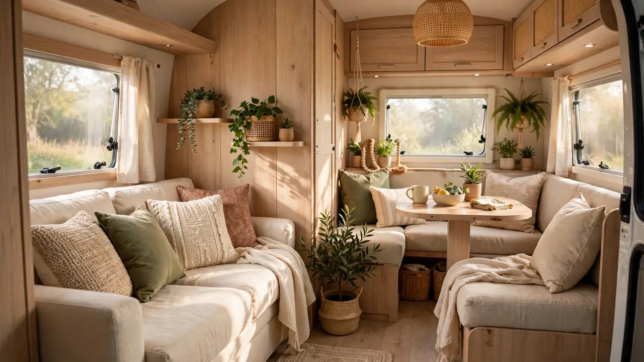 A bright, stylish caravan interior with a cosy lounge, light wood accents, and soft natural daylight.