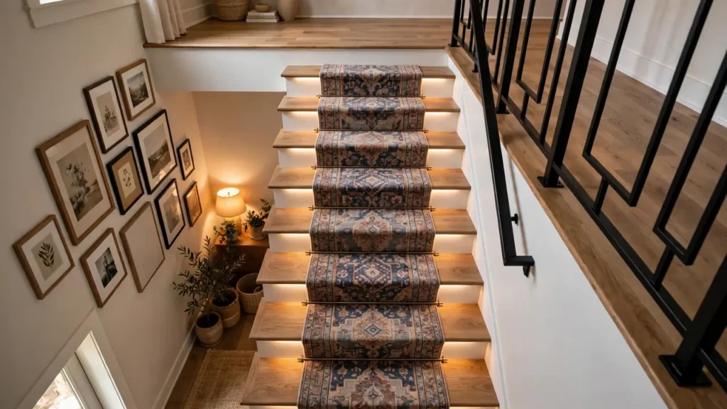 Stylish basement staircase with painted risers, a patterned runner, and warm lighting descending to a cozy lower level.