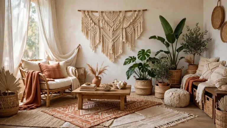 Layered boho living room with rattan chairs, patterned rugs, plants, and warm earthy textiles.