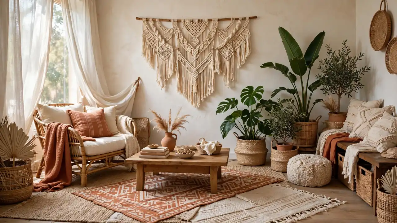 Layered boho living room with rattan chairs, patterned rugs, plants, and warm earthy textiles.