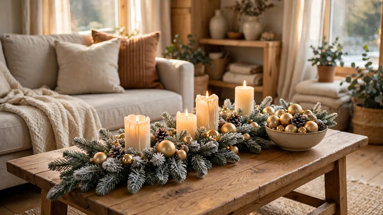 Festive Christmas coffee table styled with a frosted evergreen garland, glowing candles, and gold ornaments in a cozy living room.