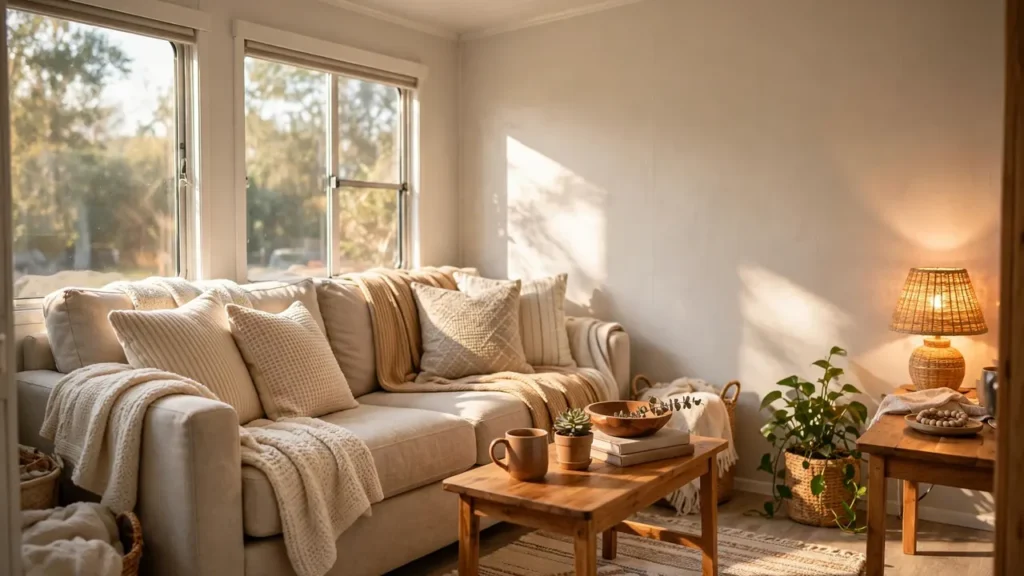 A cozy and stylish trailer living room with warm lighting, soft textiles, and light neutral walls.