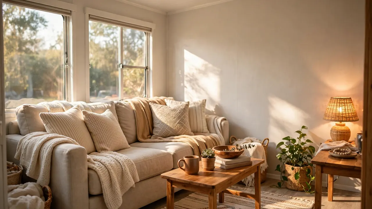17 Trailer Decor Ideas to Make Your Mobile Home Feel Cozy and Stylish 1 A cozy and stylish trailer living room with warm lighting, soft textiles, and light neutral walls.