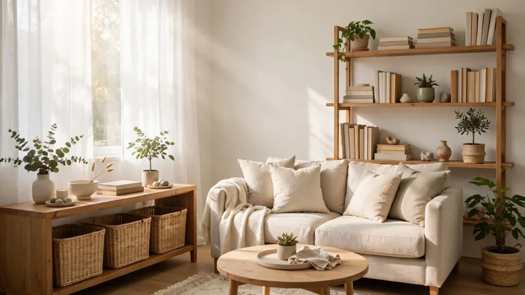 Bright, calm organized living room with labeled baskets, open shelving, and clear surfaces.