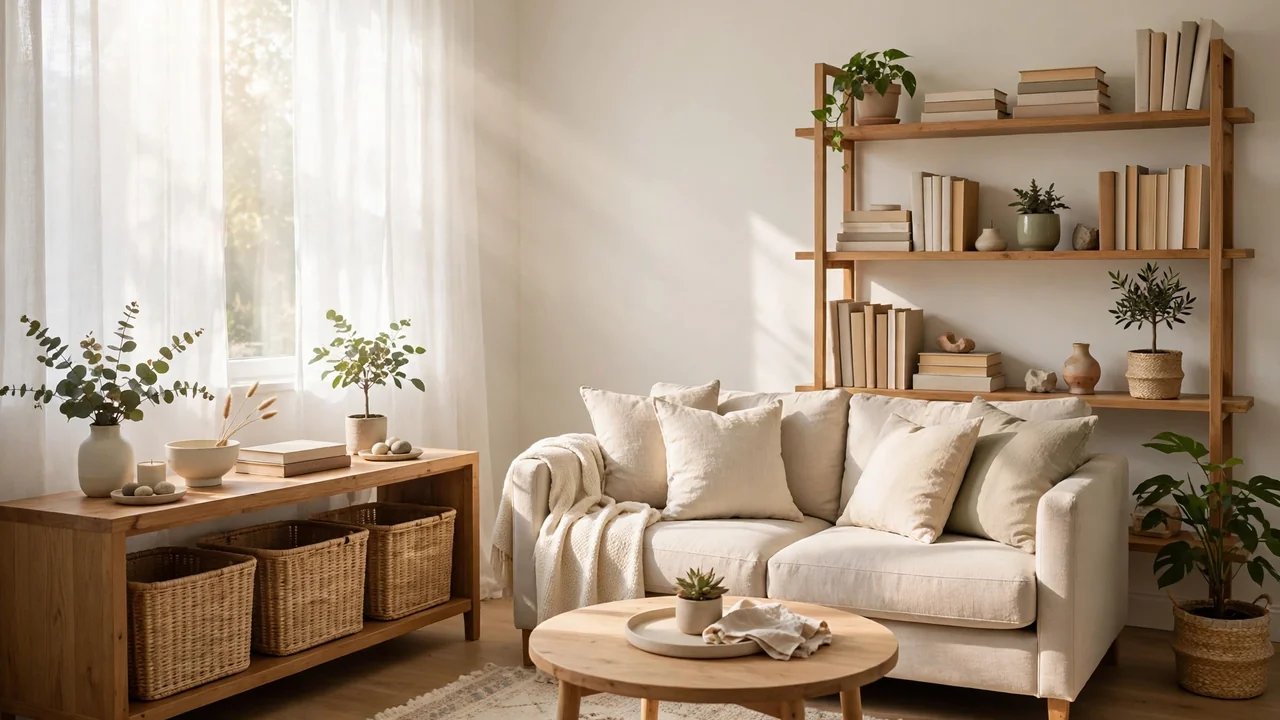 Bright, calm organized living room with labeled baskets, open shelving, and clear surfaces.