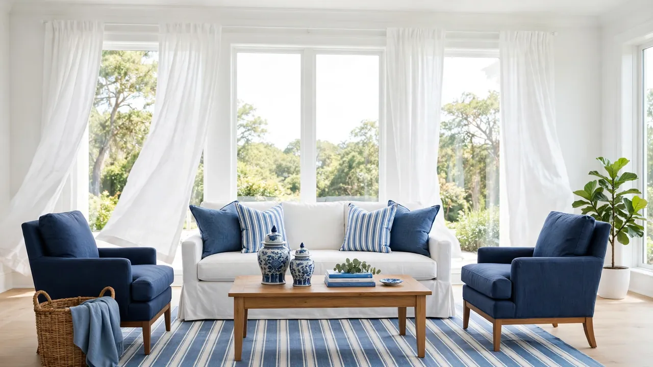 Bright blue and white living room with a white sofa, navy accent chairs, and coastal decor.