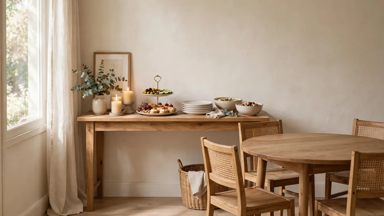 Tiny dining room buffet setup with a slim console table styled with serving dishes and a tiered tray