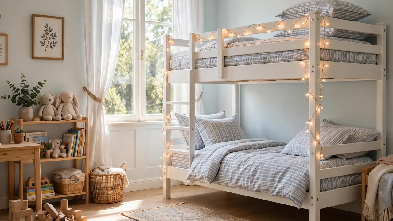Freshly made over white bunk beds with striped bedding, warm string lights, and a small rug in a bright kids bedroom.