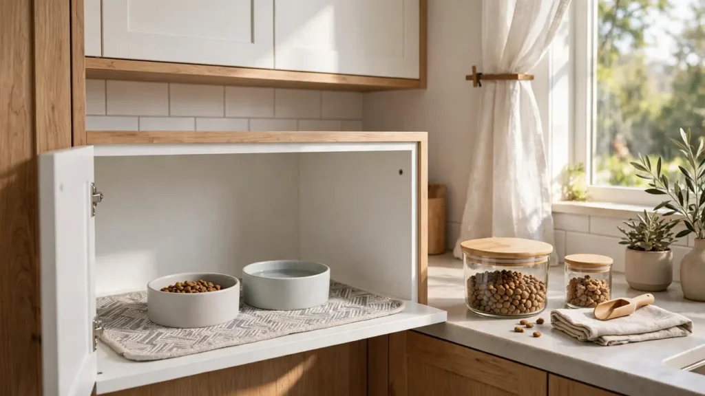 A bright, organized cat feeding corner in a modern kitchen, with two ceramic bowls on a washable mat inside an open lower cabinet and sealed food containers nearby.