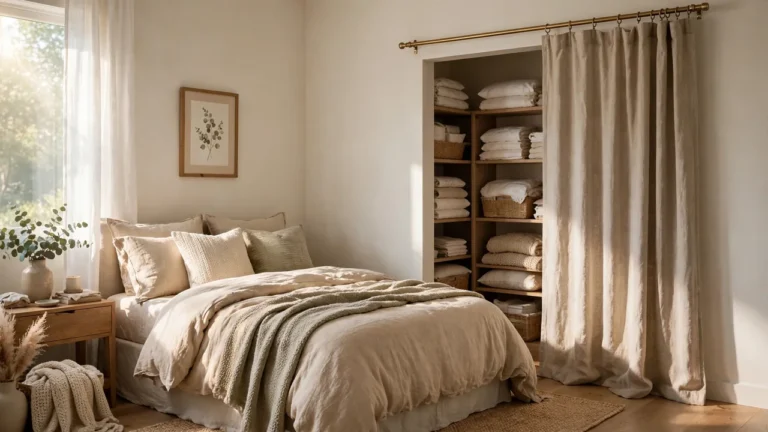Cozy bedroom with a linen closet curtain on a brass rod covering an open closet, styled bedding, and soft morning light.