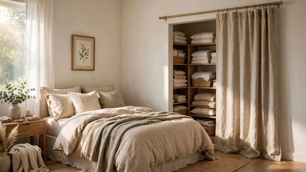 22 Creative Closet Curtain Ideas for a Stylish, Space-Saving Upgrade 1 Cozy bedroom with a linen closet curtain on a brass rod covering an open closet, styled bedding, and soft morning light.