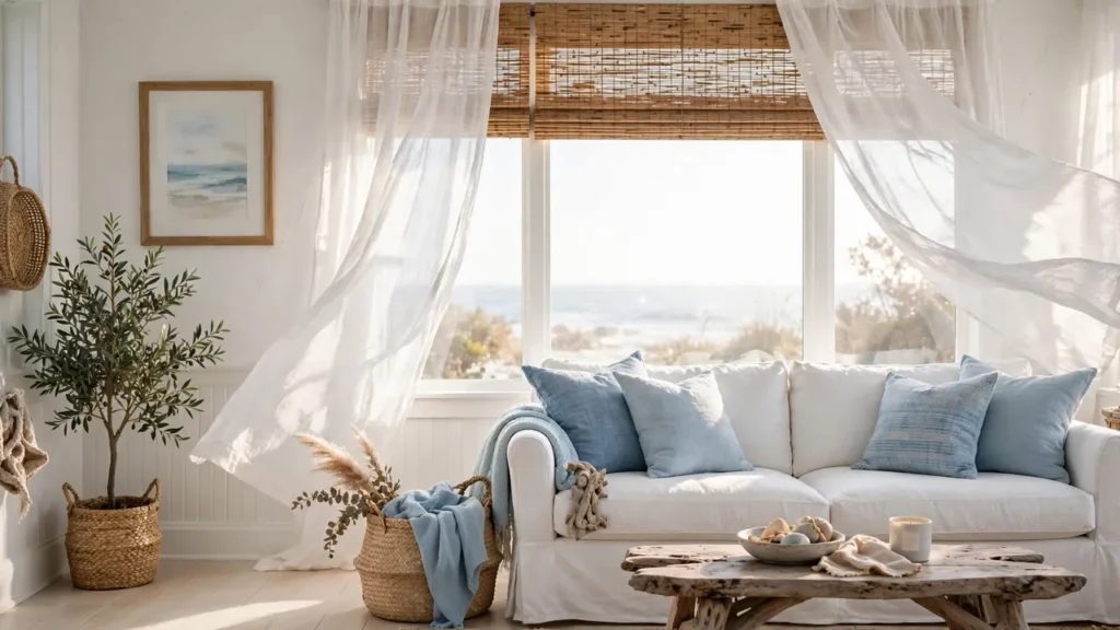 Bright coastal living room with sheer white linen curtains, woven bamboo shades, and a driftwood curtain rod on a large sunny window.