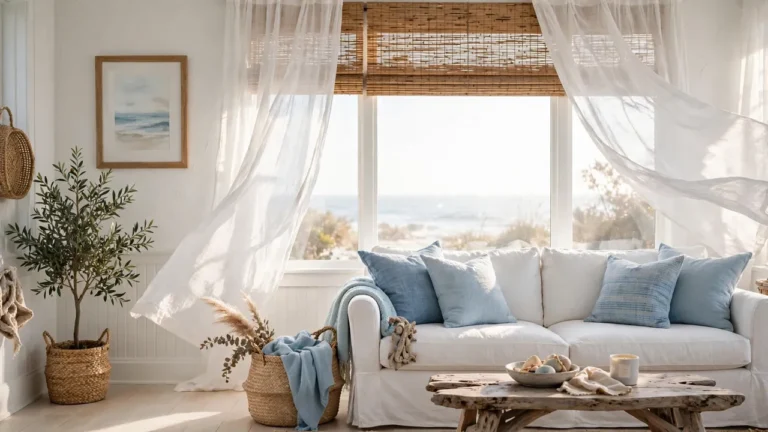 Bright coastal living room with sheer white linen curtains, woven bamboo shades, and a driftwood curtain rod on a large sunny window.