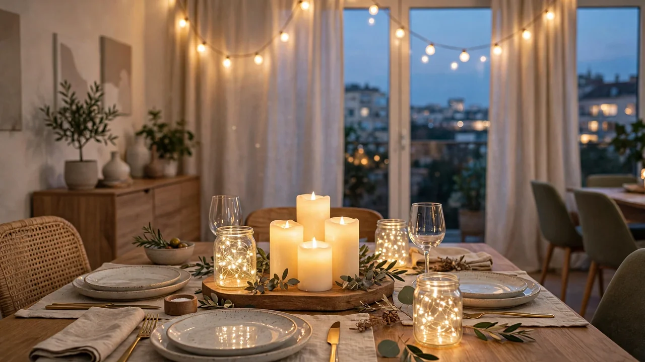 Apartment dining area glowing with LED pillar candles, fairy light jars, and string lights set for a dinner party