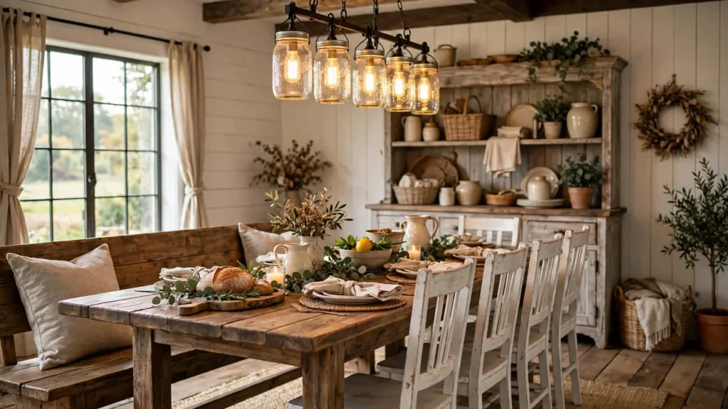 Cozy farmhouse dining room with a long wooden table, bench seating, whitewashed chairs, and a mason jar chandelier glowing overhead.