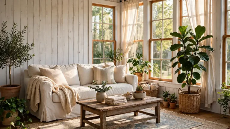 Bright farmhouse sunroom with whitewashed shiplap walls, a slipcovered linen sofa, weathered wood coffee table, layered rugs, and lush green plants in warm sunlight.