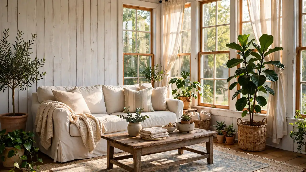 Bright farmhouse sunroom with whitewashed shiplap walls, a slipcovered linen sofa, weathered wood coffee table, layered rugs, and lush green plants in warm sunlight.