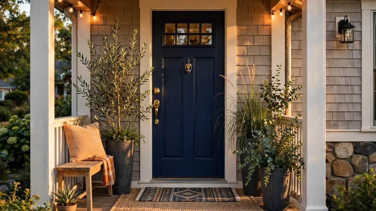 Small front porch at golden hour with a bold navy door, layered rug and doormat, wooden bench, tall planters, and warm string lights.