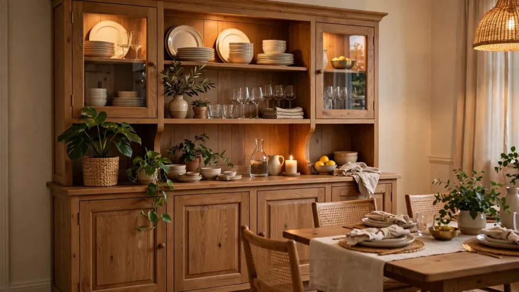 Beautifully styled wooden hutch in a dining room with stacked dishes, glassware, plants, and warm lighting.