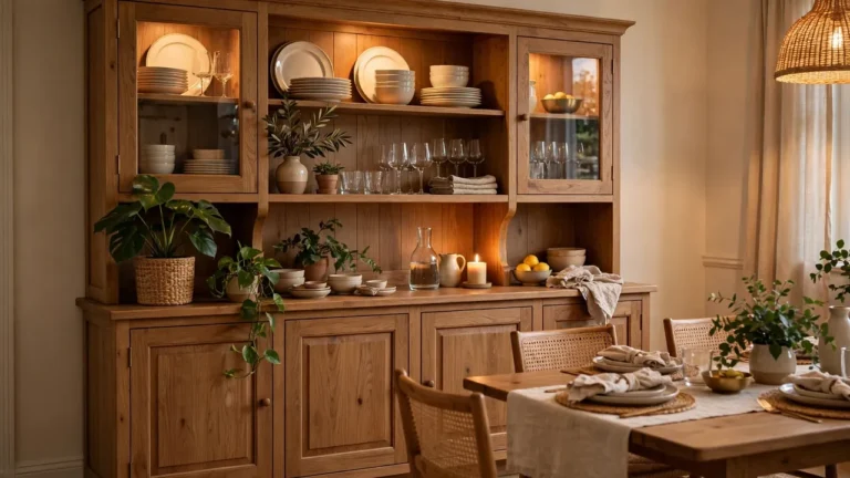 Beautifully styled wooden hutch in a dining room with stacked dishes, glassware, plants, and warm lighting.