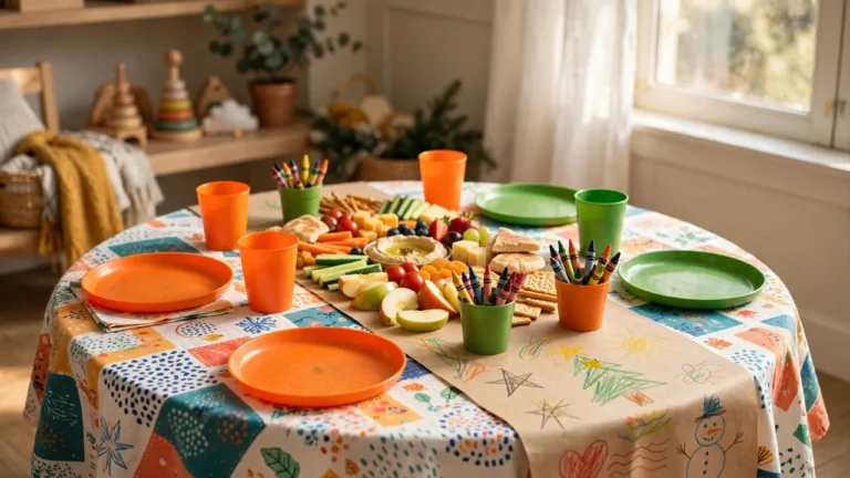 Kids holiday table with colorful washable tablecloth and kraft paper runner