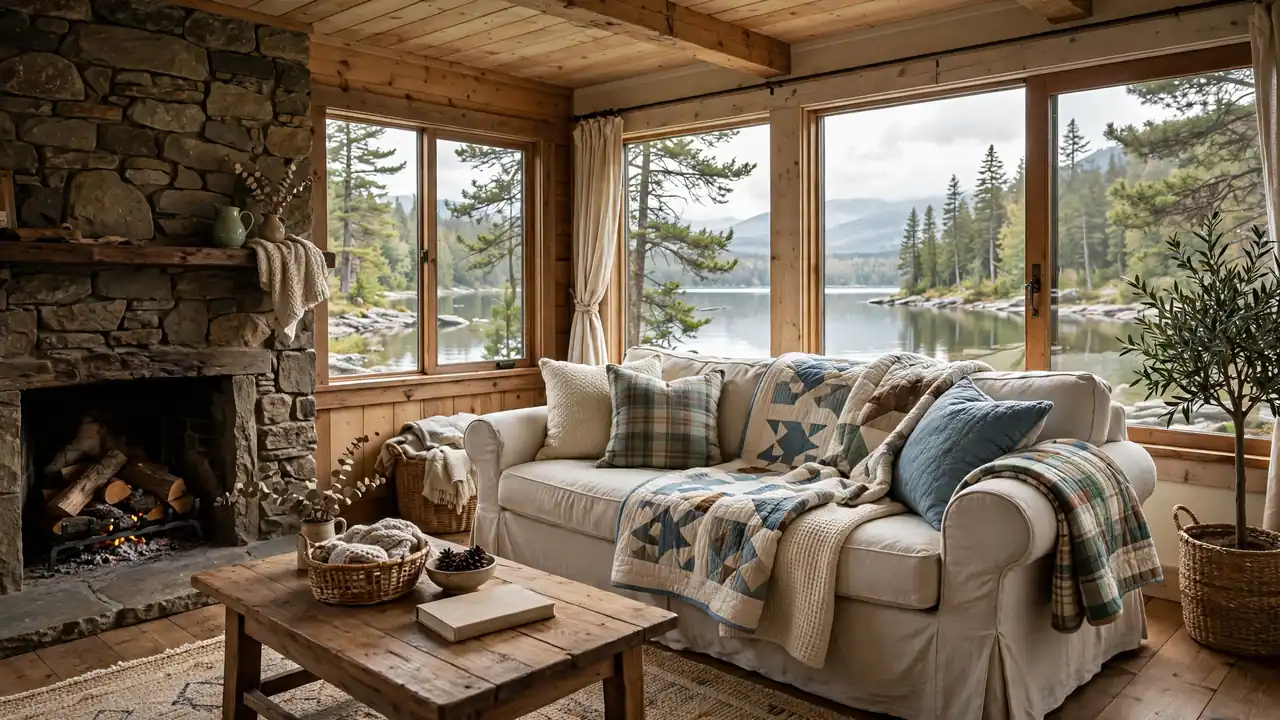 21 Small Lake Cottage Interior Design Ideas That Feel Cozy and Inviting 1 Cozy small lake cottage living room with a stone fireplace, slipcovered sofa, layered quilts, and big windows framing the lake view.